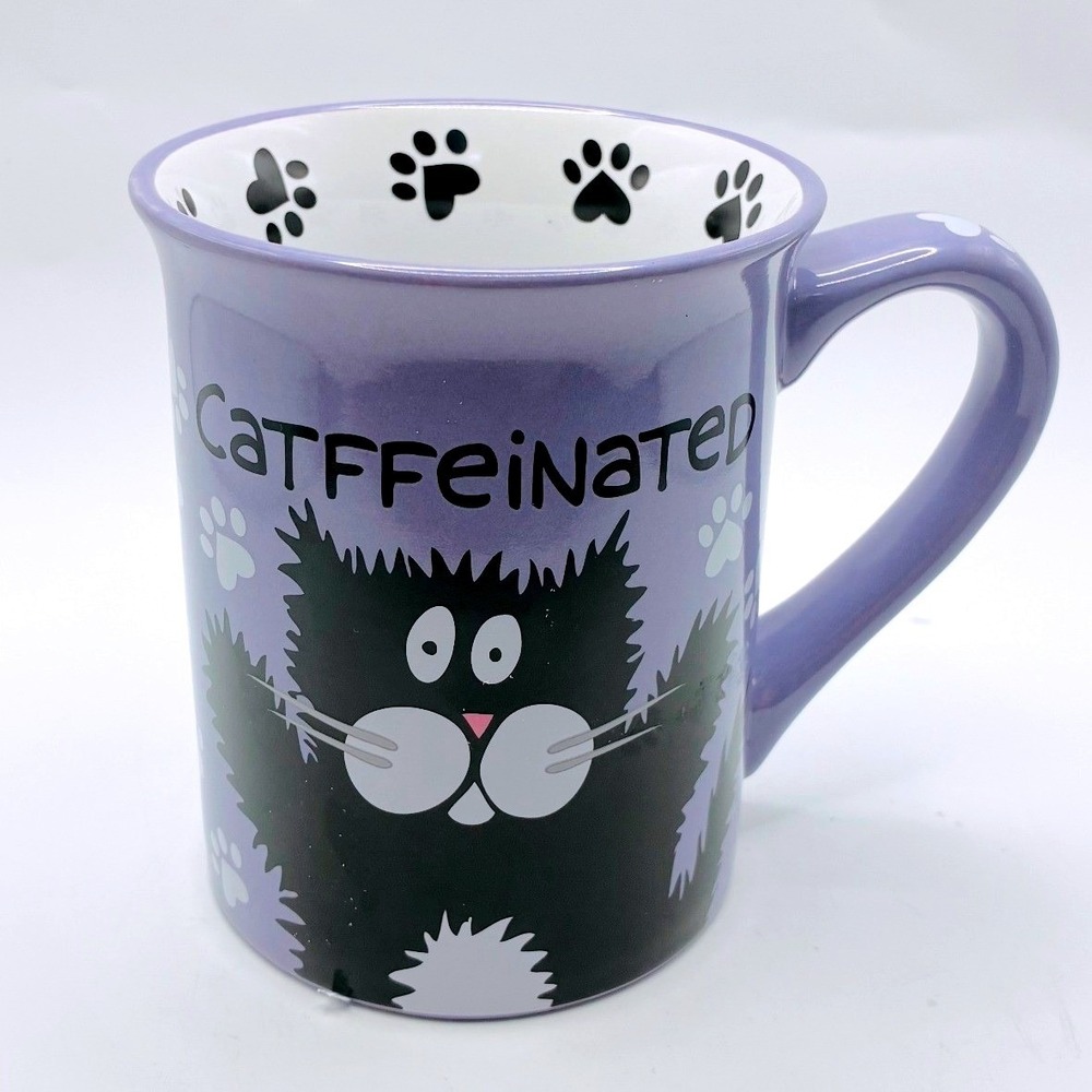 Our Name Is Mud Catffeinated DeCatf Mug OS Purple Black Cat Paw Prints Humor